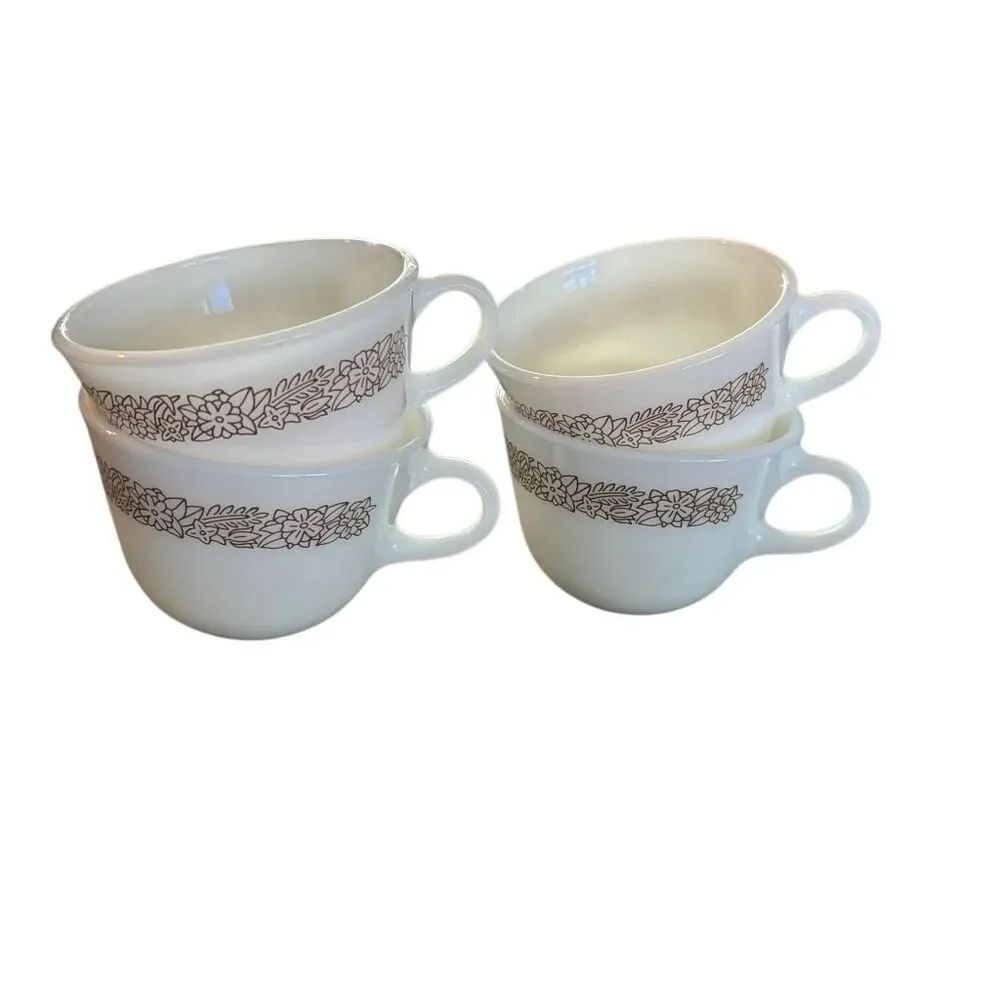 4 Pyrex Woodland Pattern Milk Glass Coffee Cups